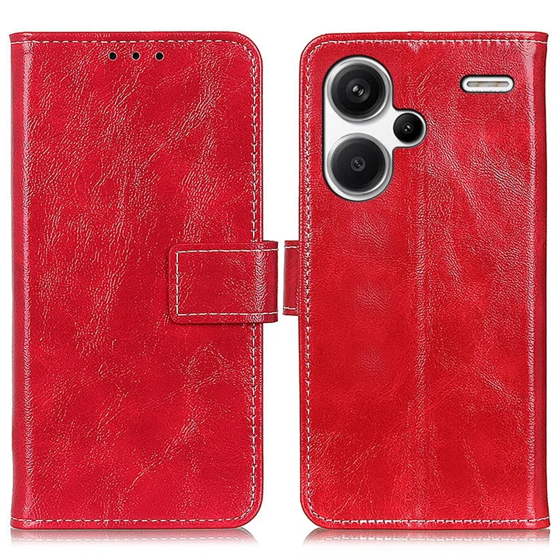 For Xiaomi Redmi Note 13 Pro+ 5G Cell Phone Case PU Leather Crazy Horse Texture Wallet Cover - Red