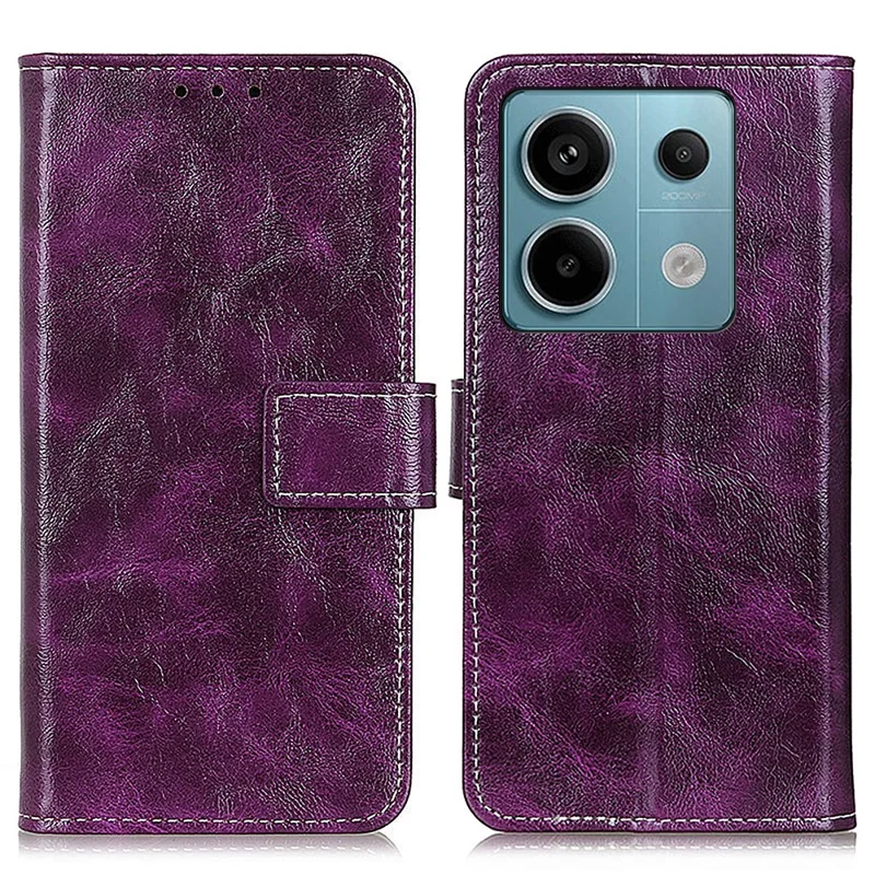 For Xiaomi Redmi Note 13 Pro 5G / Poco X6 5G Cell Phone Case Folio Flip Crazy Horse Texture Leather Cover - Purple