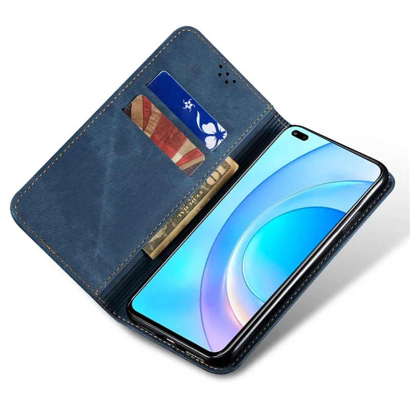 For Honor 100 5G Case Wallet Jeans Cloth Texture PU Leather Phone Cover Stand - Blue