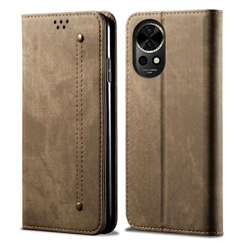 For Huawei nova 12 5G Case with Wallet Jeans Cloth Texture PU Leather Phone Cover Protector - Khaki