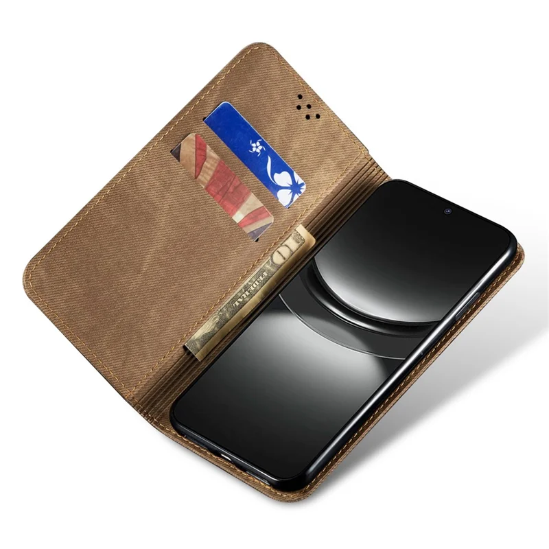 For Huawei nova 12 5G Case with Wallet Jeans Cloth Texture PU Leather Phone Cover Protector - Khaki