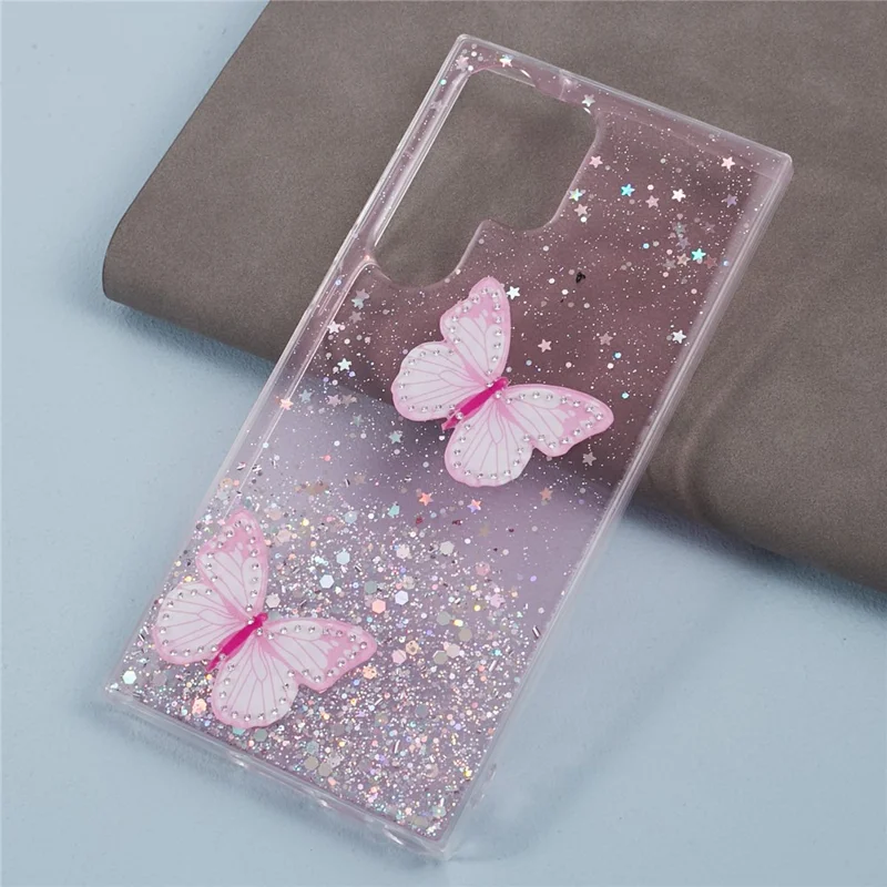 AW Series For Samsung Galaxy S24 Ultra TPU+PVC Case Sparkle Epoxy Big Rear Lens Hole Phone Back Shell - Pink