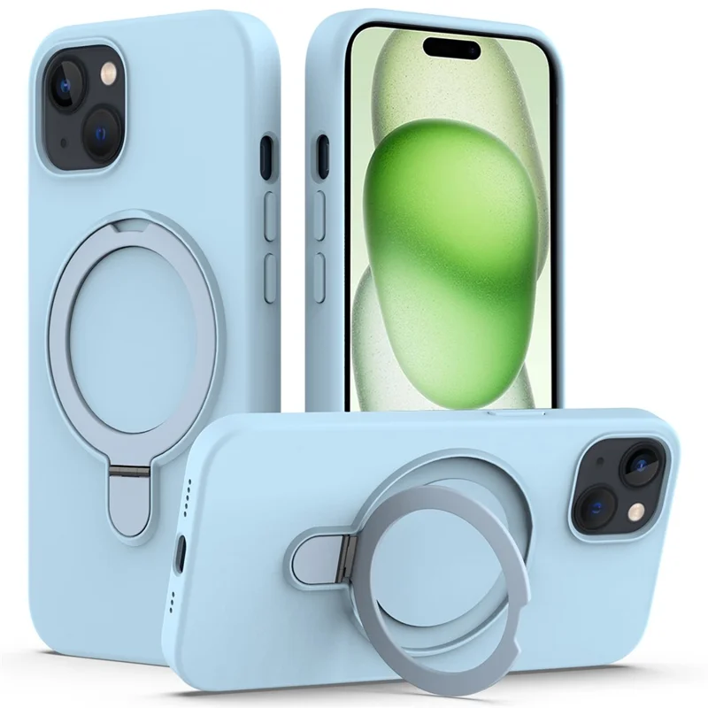 For iPhone 15 Magnetic Phone Case Ring Holder Kickstand Back Cover - Sky Blue