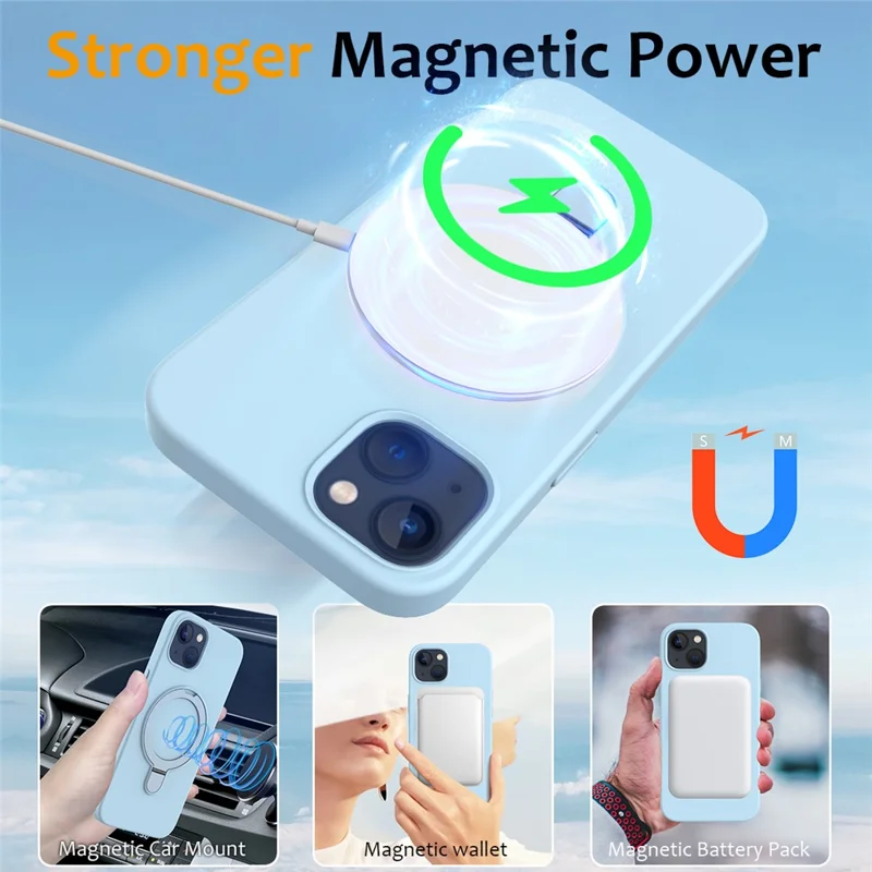For iPhone 15 Magnetic Phone Case Ring Holder Kickstand Back Cover - Sky Blue