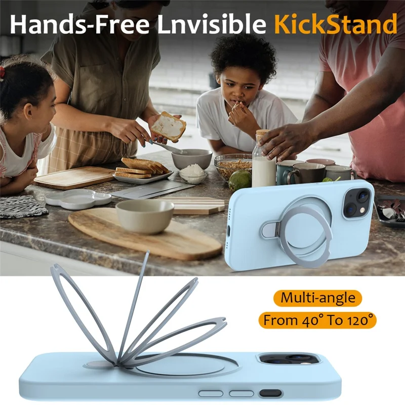 For iPhone 15 Magnetic Phone Case Ring Holder Kickstand Back Cover - Sky Blue