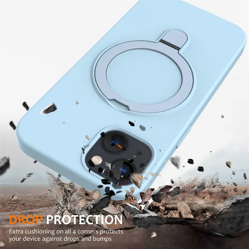 For iPhone 15 Magnetic Phone Case Ring Holder Kickstand Back Cover - Sky Blue