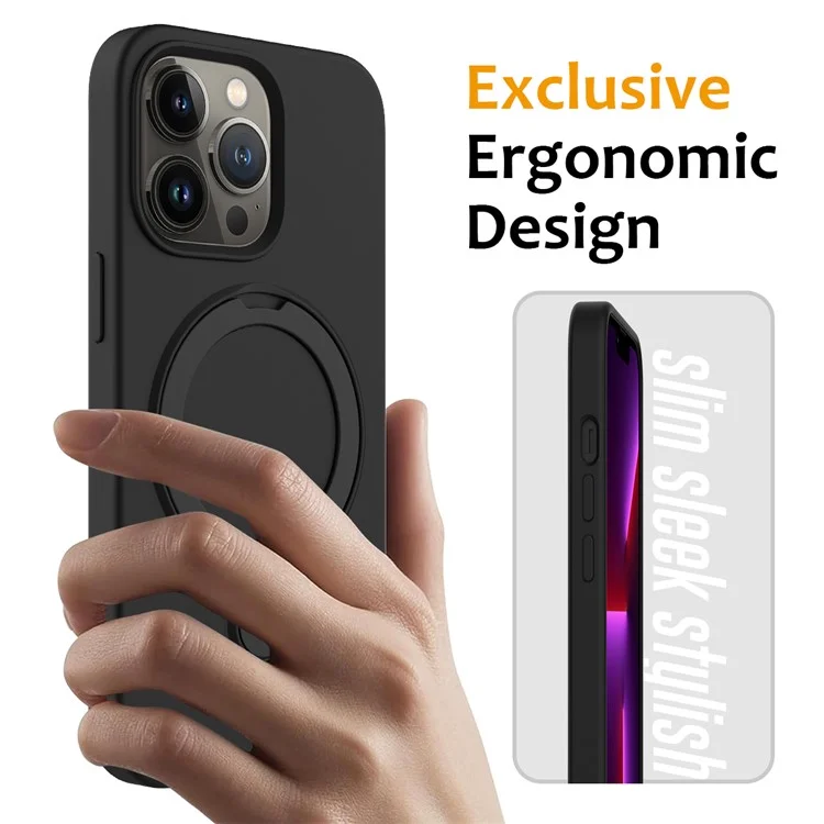 For iPhone 13 Pro Max Magnetic Case Ring Kickstand PC + Silicone Phone Cover - Black