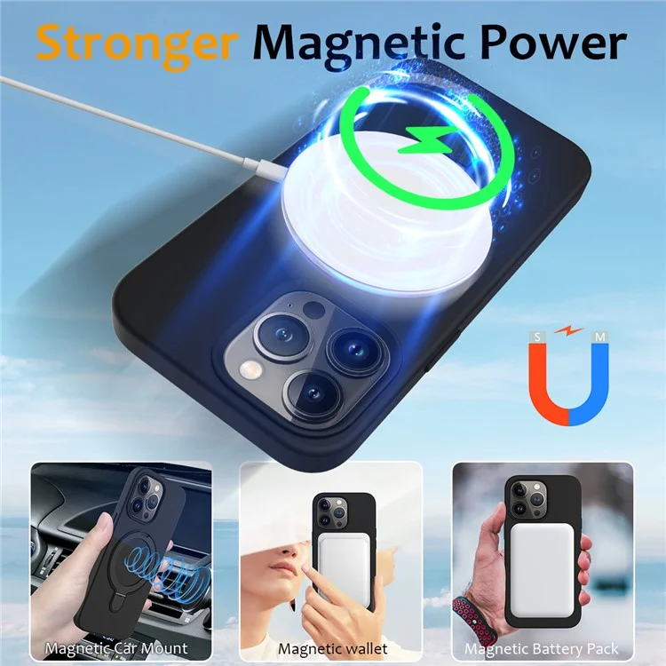 For iPhone 13 Pro Max Magnetic Case Ring Kickstand PC + Silicone Phone Cover - Black