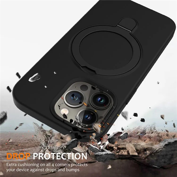 For iPhone 13 Pro Max Magnetic Case Ring Kickstand PC + Silicone Phone Cover - Black