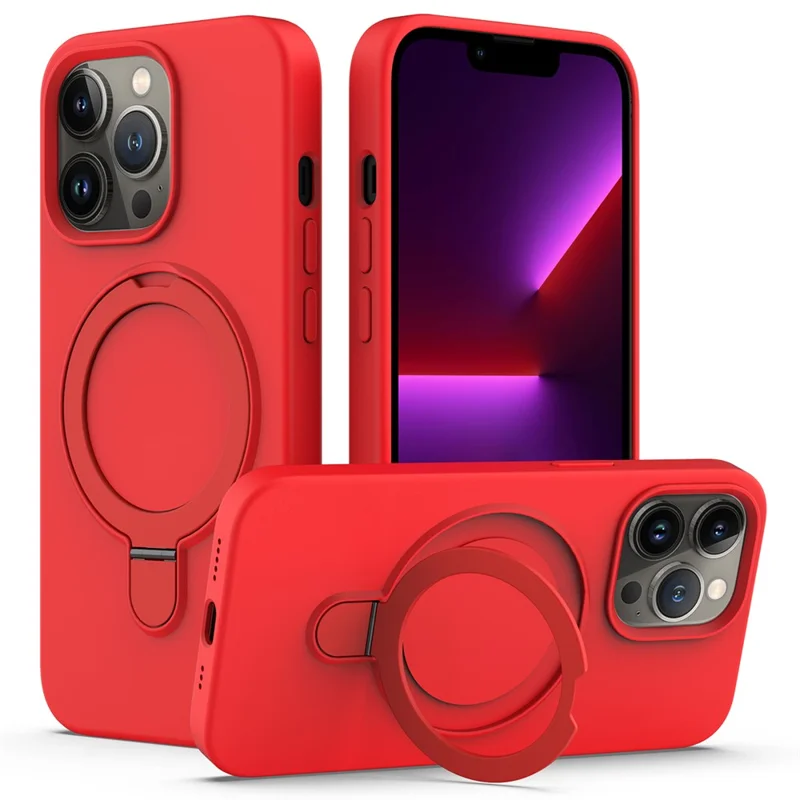 For iPhone 13 Pro Max Magnetic Case Ring Kickstand PC + Silicone Phone Cover - Red