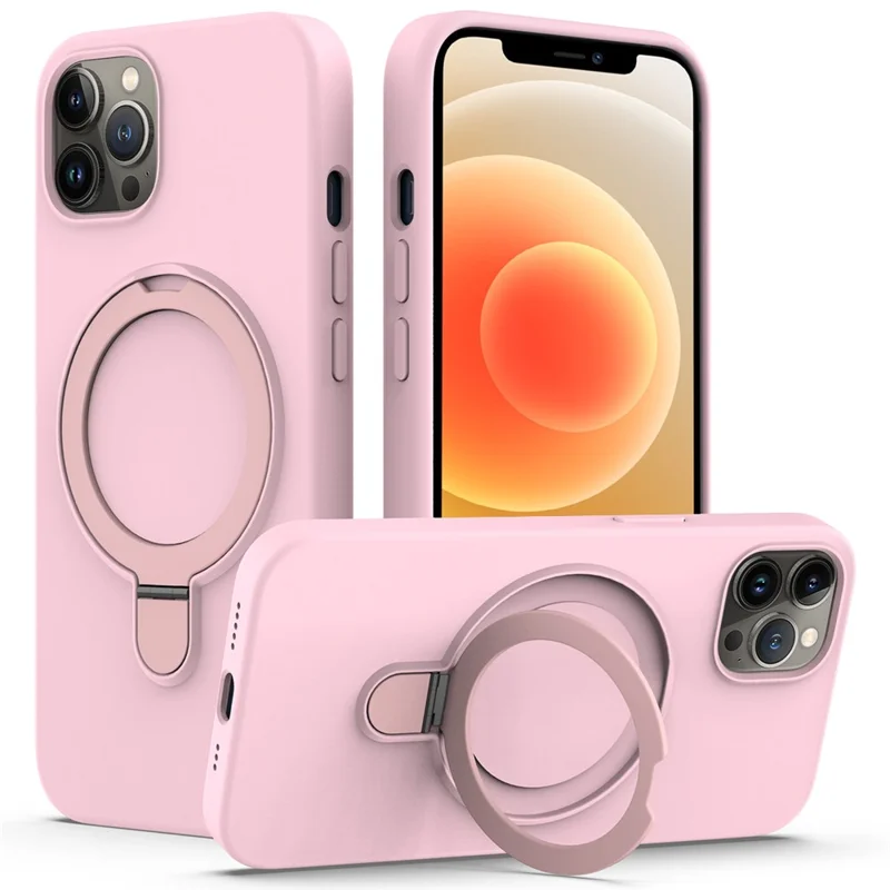 For iPhone 12 Pro Max Magnetic Case PC + Silicone Cover with Ring Kickstand - Grey Pink