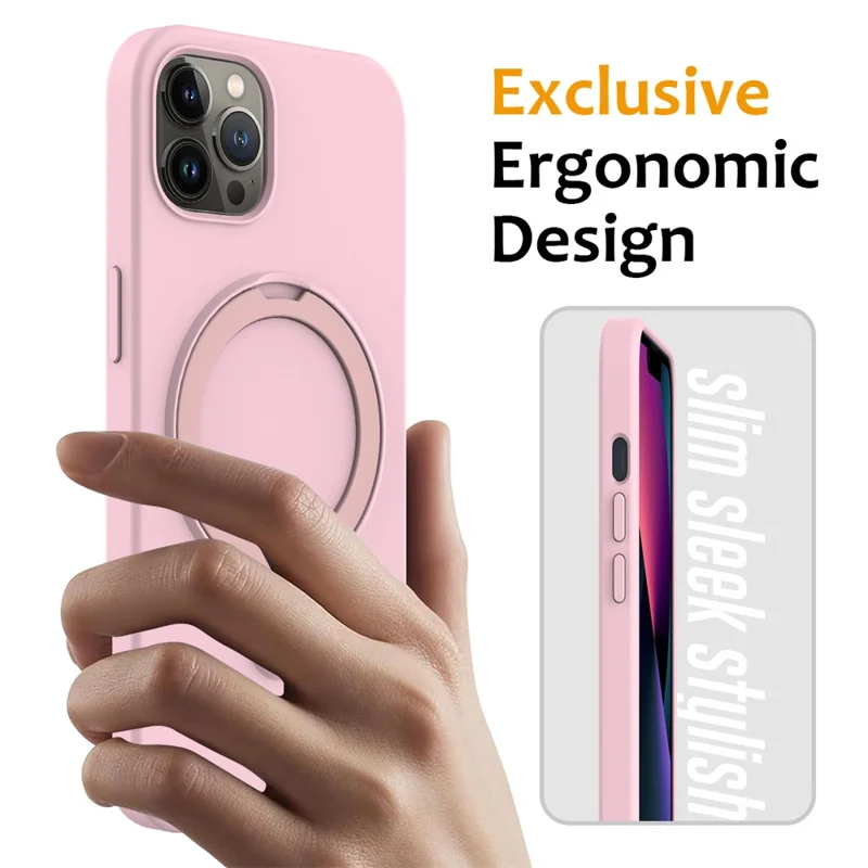 For iPhone 12 Pro Max Magnetic Case PC + Silicone Cover with Ring Kickstand - Grey Pink
