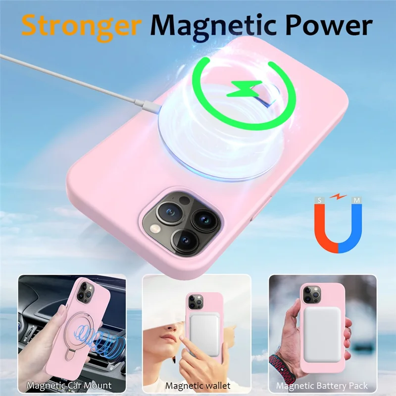 For iPhone 12 Pro Max Magnetic Case PC + Silicone Cover with Ring Kickstand - Grey Pink