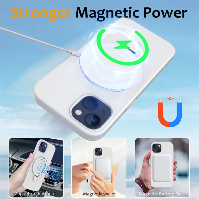 For iPhone 14 Magnetic Case Ring Holder Kickstand Cover Compatible with MagSafe - White