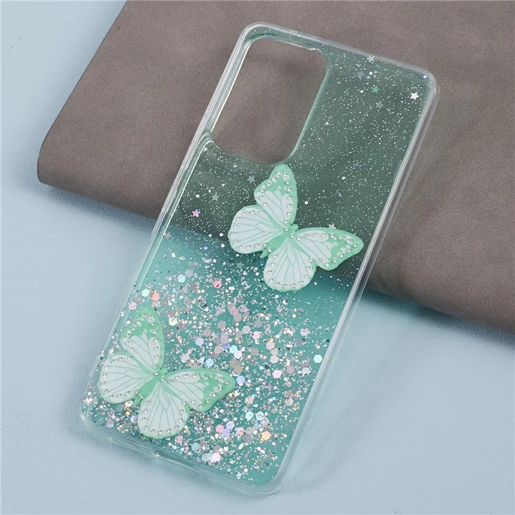 AW-Serie Hülle für Samsung Galaxy A23 5G (globale Version) / A23 4G Schale Funkelnder Epoxy-Schmetterling-Dekor Großes Kameralinsengehäuse Handyhülle - Grün