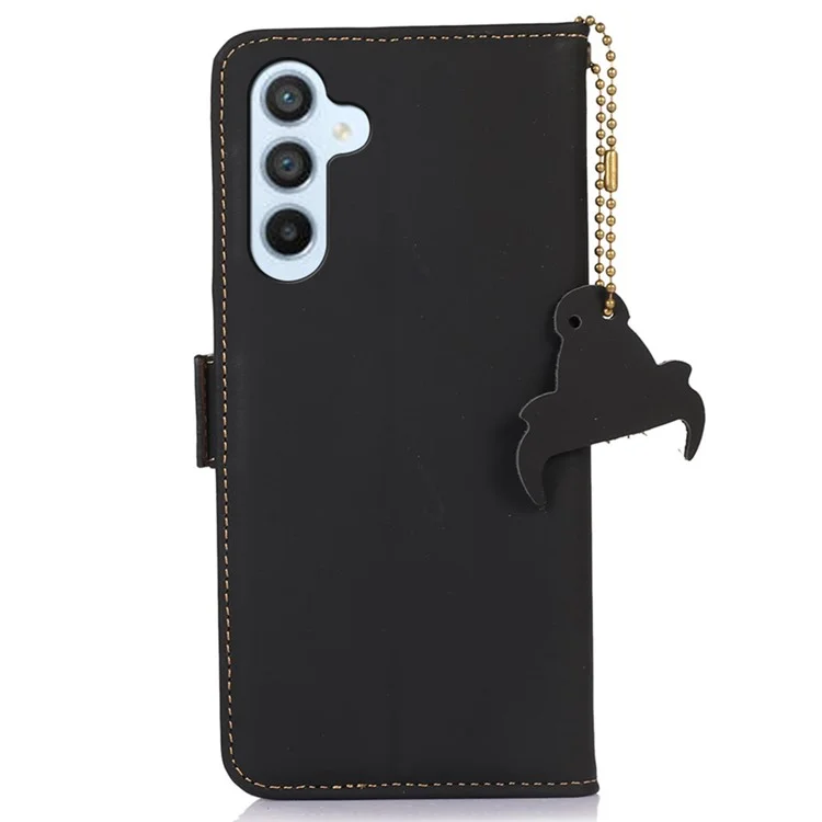 Для Samsung Galaxy A35 5G RFID Blocking Case Genuine Cow Leather Stand Phone Cover - Black