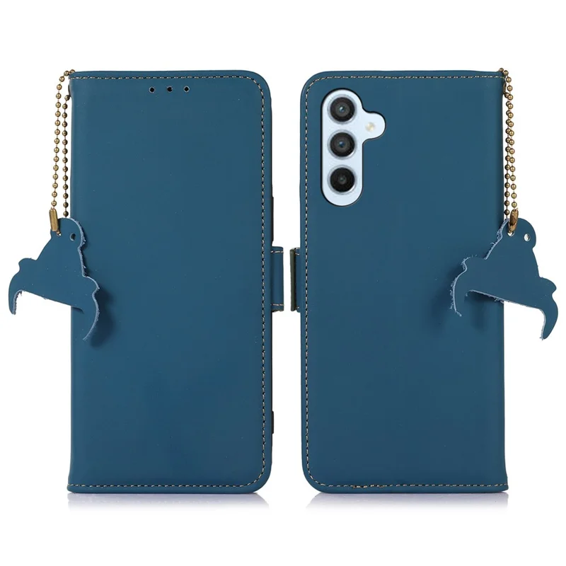 Voor Samsung Galaxy A35 5G RFID-blokkering hoesje Echt lederen standaard telefoonhoesje - Blauw