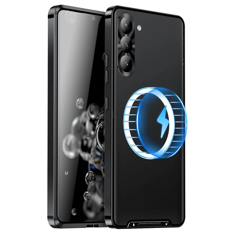 For Samsung Galaxy S24+ Matte Phone Case Lens Protection Metal Frame Magnetic Cover - Black