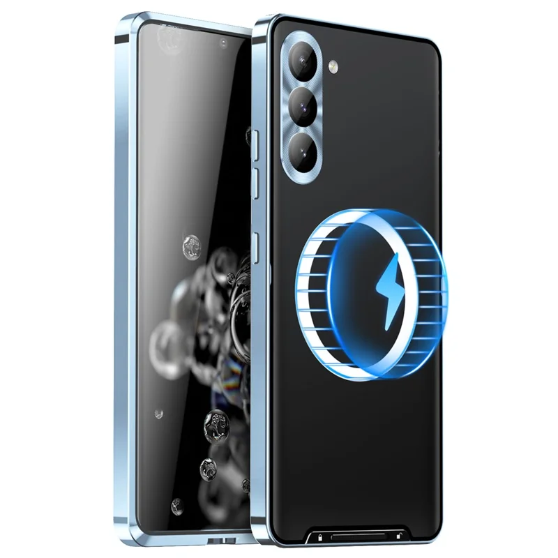 For Samsung Galaxy S24+ Matte Phone Case Lens Protection Metal Frame Magnetic Cover - Blue