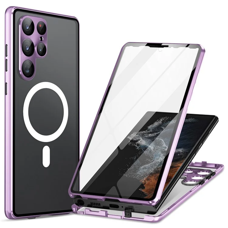 Für Samsung Galaxy S24 Ultra Magnetische Hülle Tempered Glass+Matte PC Metallrahmen Abdeckung - Lila