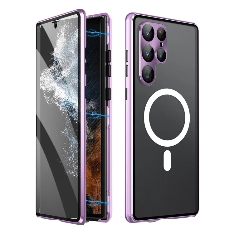 Für Samsung Galaxy S24 Ultra Magnetische Hülle Tempered Glass+Matte PC Metallrahmen Abdeckung - Lila
