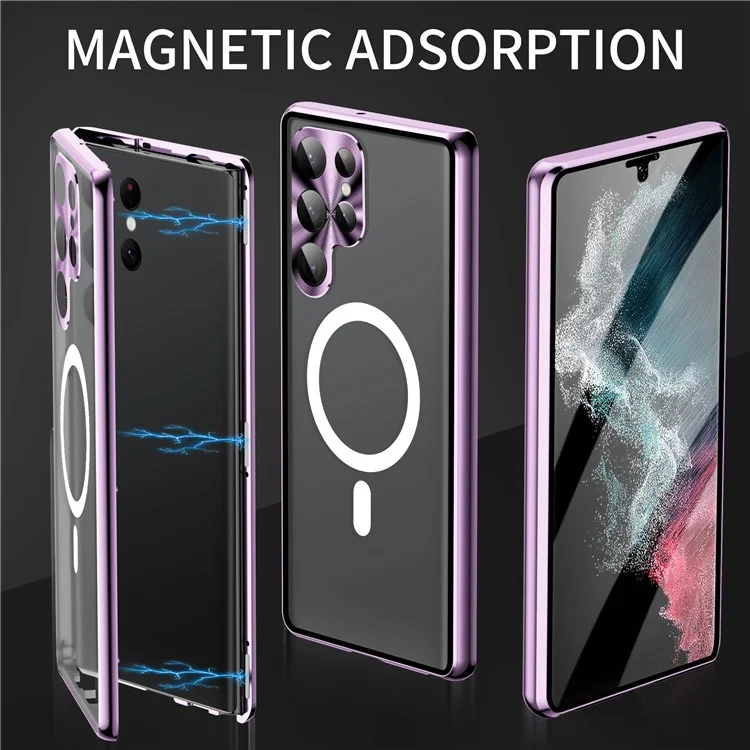 Für Samsung Galaxy S24 Ultra Magnetische Hülle Tempered Glass+Matte PC Metallrahmen Abdeckung - Lila