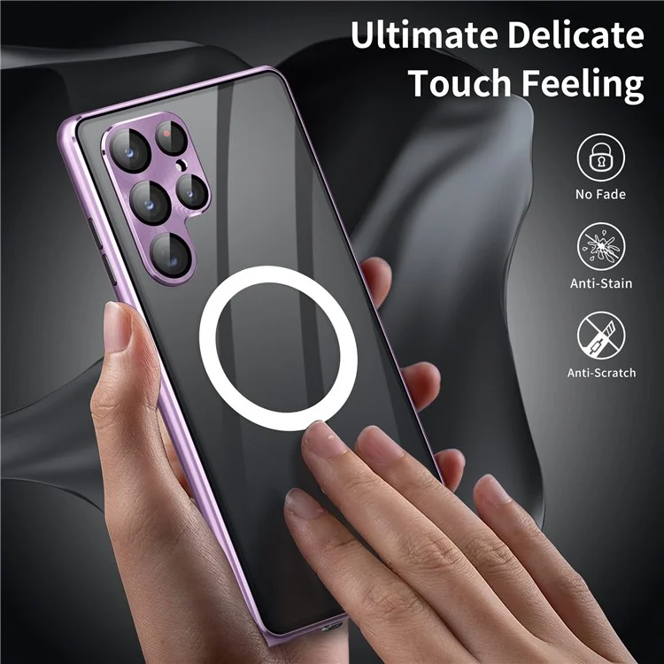 Für Samsung Galaxy S24 Ultra Magnetische Hülle Tempered Glass+Matte PC Metallrahmen Abdeckung - Lila