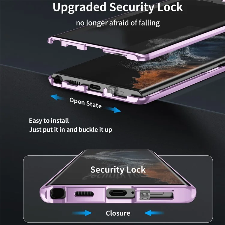 Für Samsung Galaxy S24 Ultra Magnetische Hülle Tempered Glass+Matte PC Metallrahmen Abdeckung - Lila