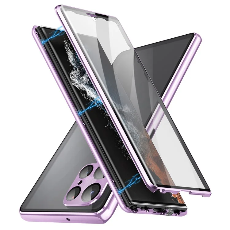 Für Samsung Galaxy S24 Ultra Magnetische Hülle Tempered Glass+Matte PC Metallrahmen Abdeckung - Lila