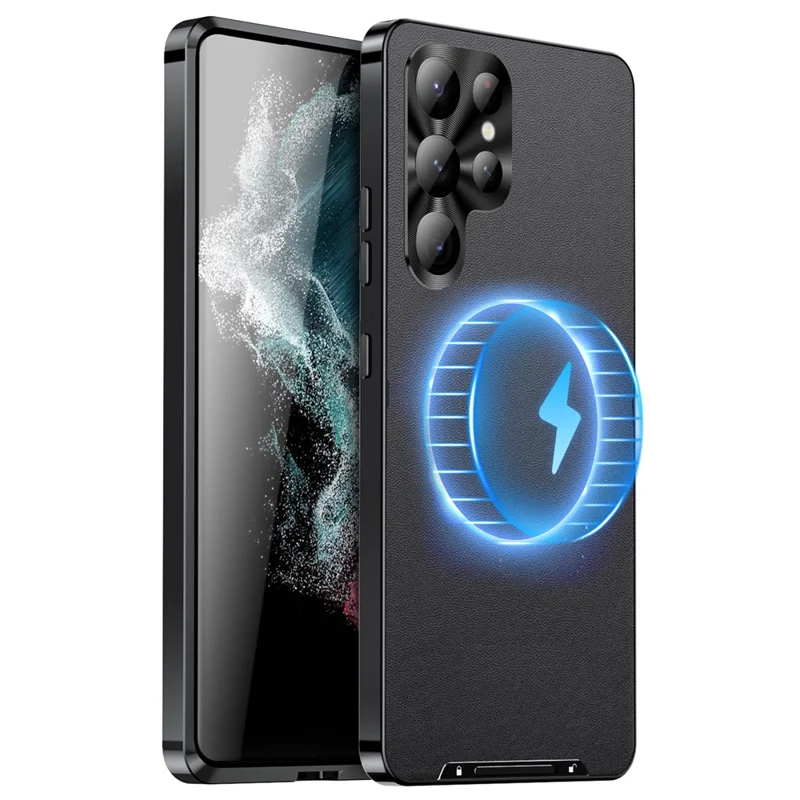 Pour Samsung Galaxy S24 Ultra Étui magnétique en métal Cadre en cuir + Coque en PC mat - Noir