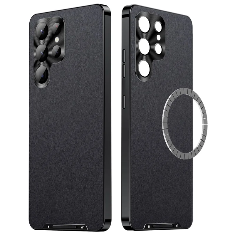 Pour Samsung Galaxy S24 Ultra Étui magnétique en métal Cadre en cuir + Coque en PC mat - Noir