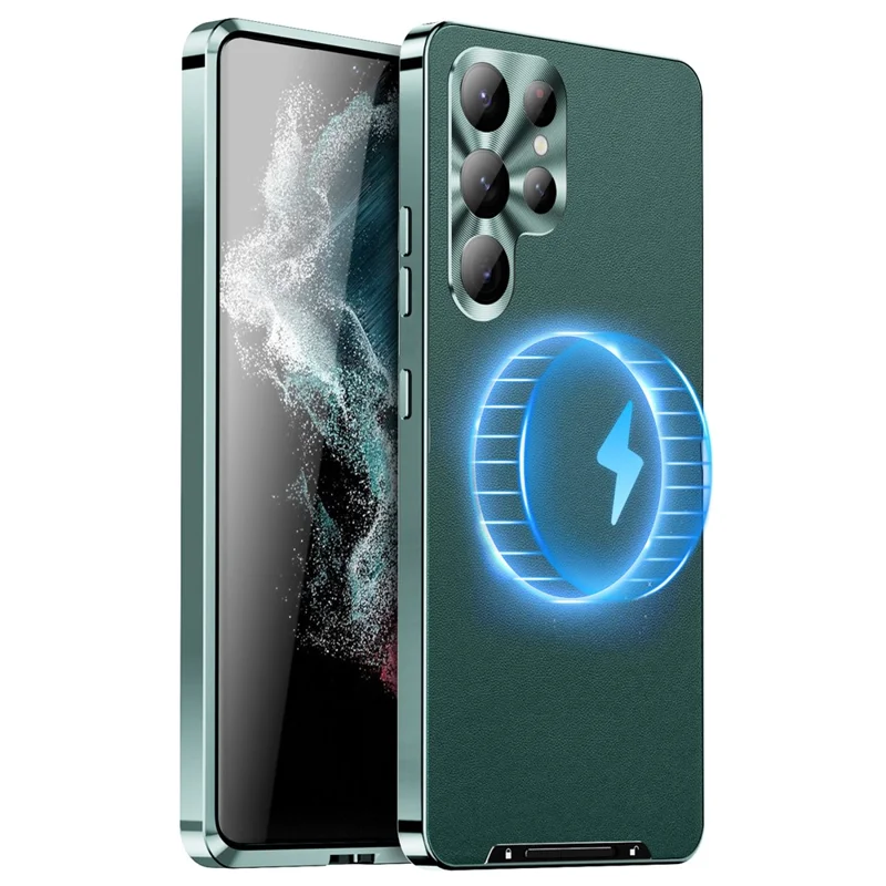 For Samsung Galaxy S24 Ultra Magnetic Case Metal Frame Leather+PC Matte Cover - Green