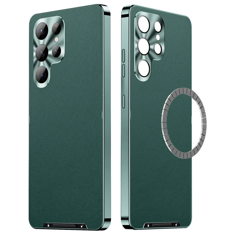 For Samsung Galaxy S24 Ultra Magnetic Case Metal Frame Leather+PC Matte Cover - Green