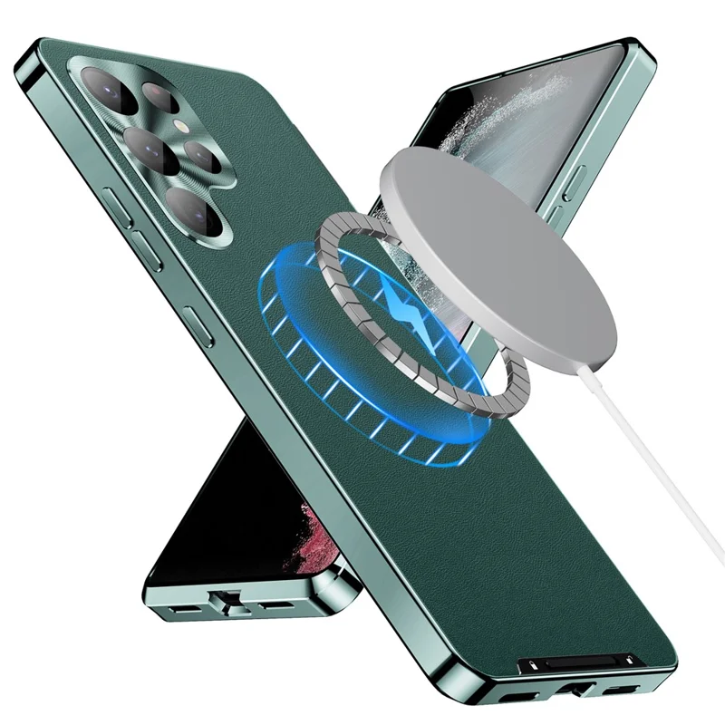 For Samsung Galaxy S24 Ultra Magnetic Case Metal Frame Leather+PC Matte Cover - Green