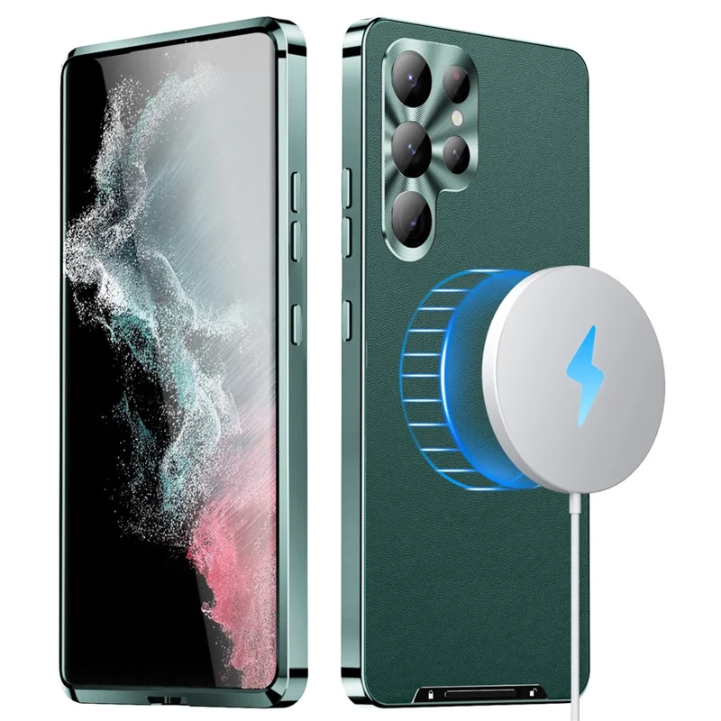 For Samsung Galaxy S24 Ultra Magnetic Case Metal Frame Leather+PC Matte Cover - Green