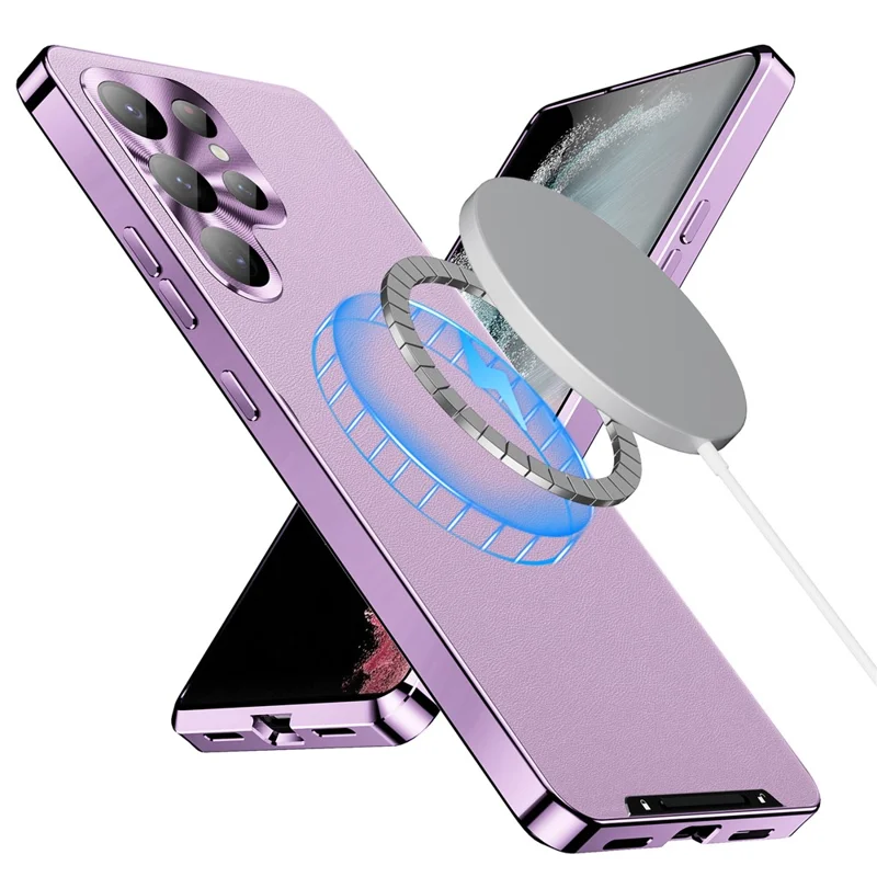 For Samsung Galaxy S24 Ultra Magnetic Case Metal Frame Leather+PC Matte Cover - Purple