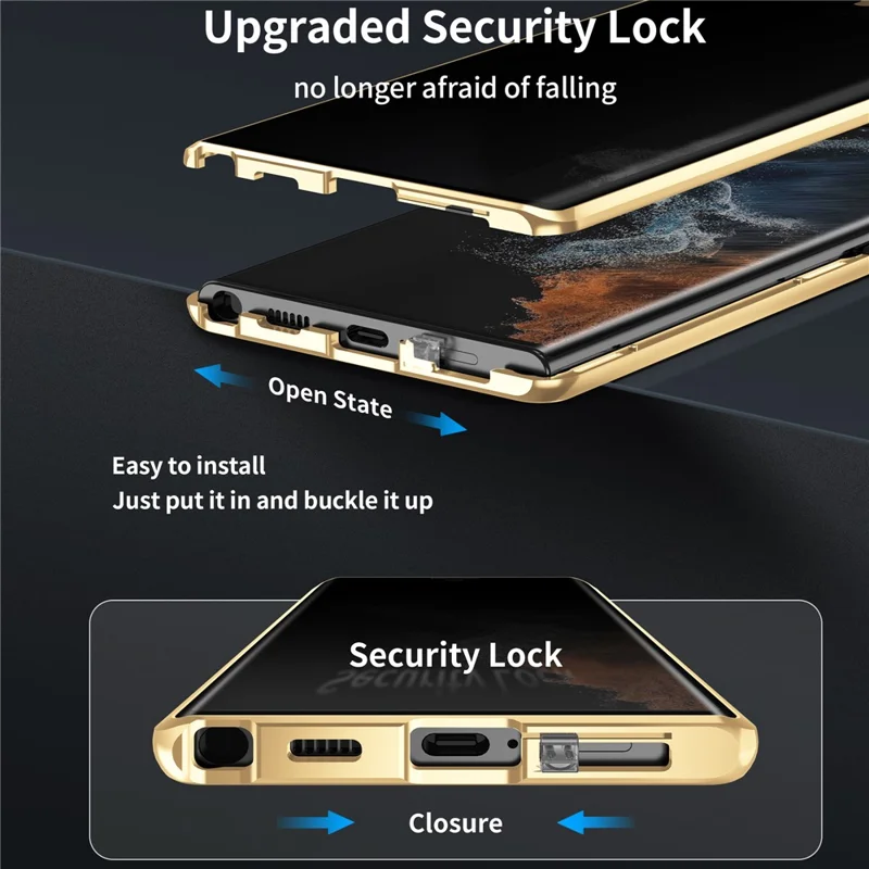 Pour Samsung Galaxy S24 Étui Anti-Espion Verre Trempé Double Face avec Cadre Métal - Or