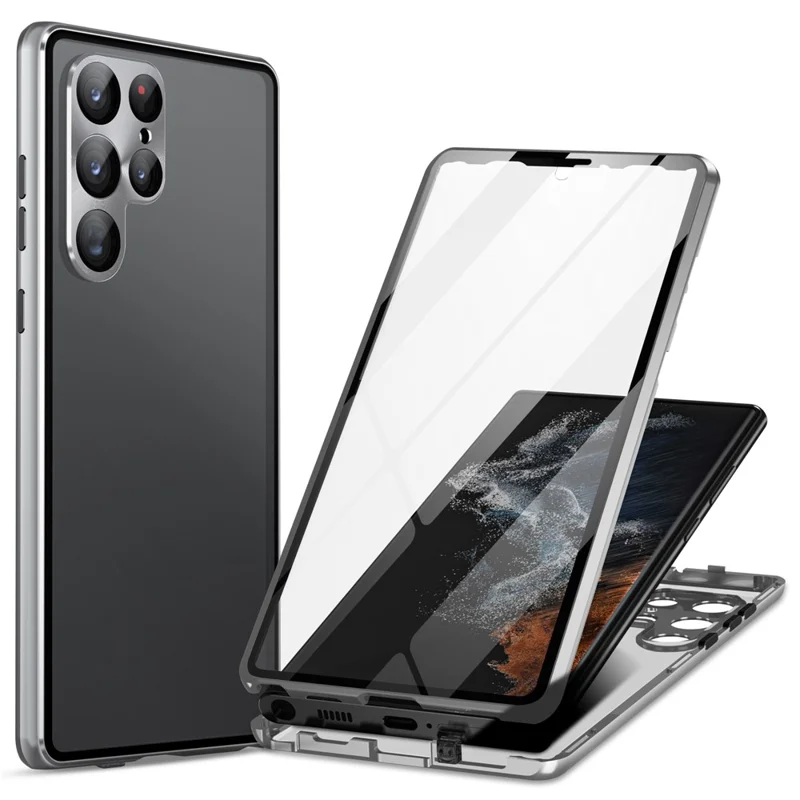 Pour Samsung Galaxy S24 Ultra Case Double Sides Tempered Glass Magnetic Metal Frame Cover - Silver