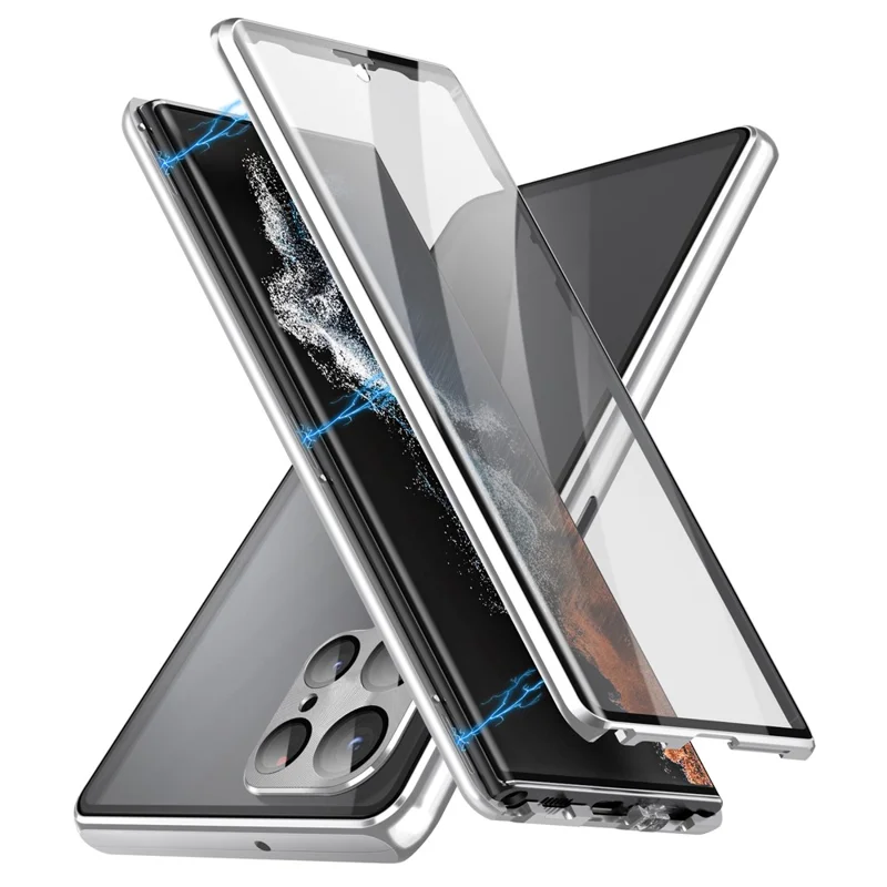 Pour Samsung Galaxy S24 Ultra Case Double Sides Tempered Glass Magnetic Metal Frame Cover - Silver
