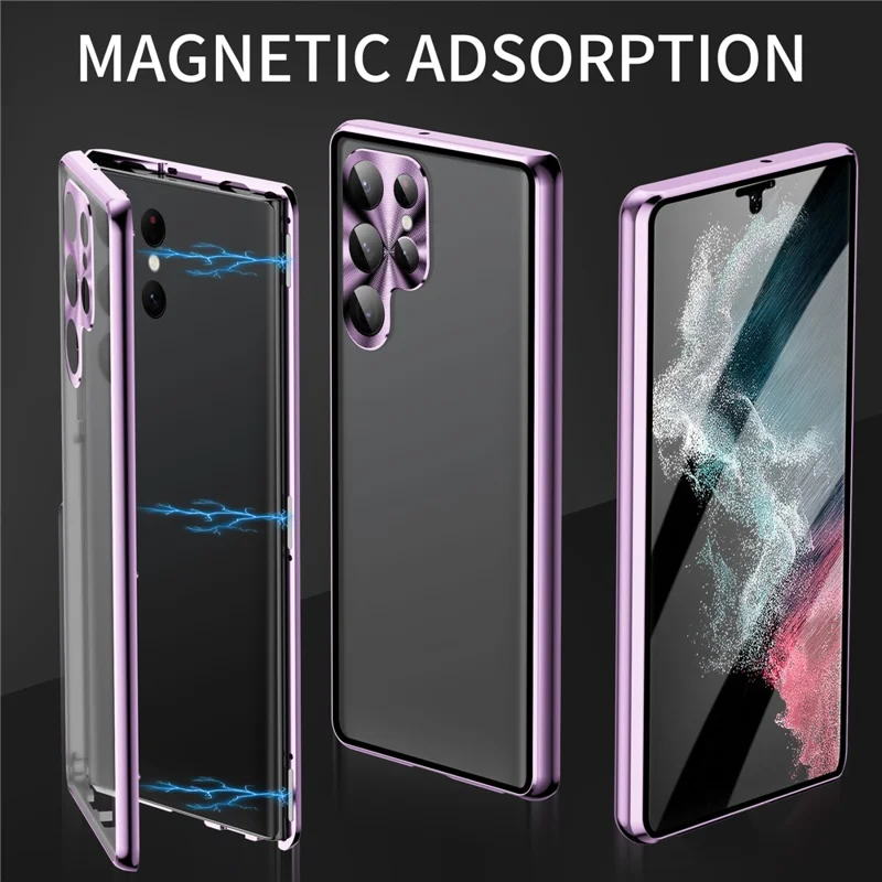 Pour Samsung Galaxy S24 Ultra Case Double Sides Tempered Glass Magnetic Metal Frame Cover - Silver