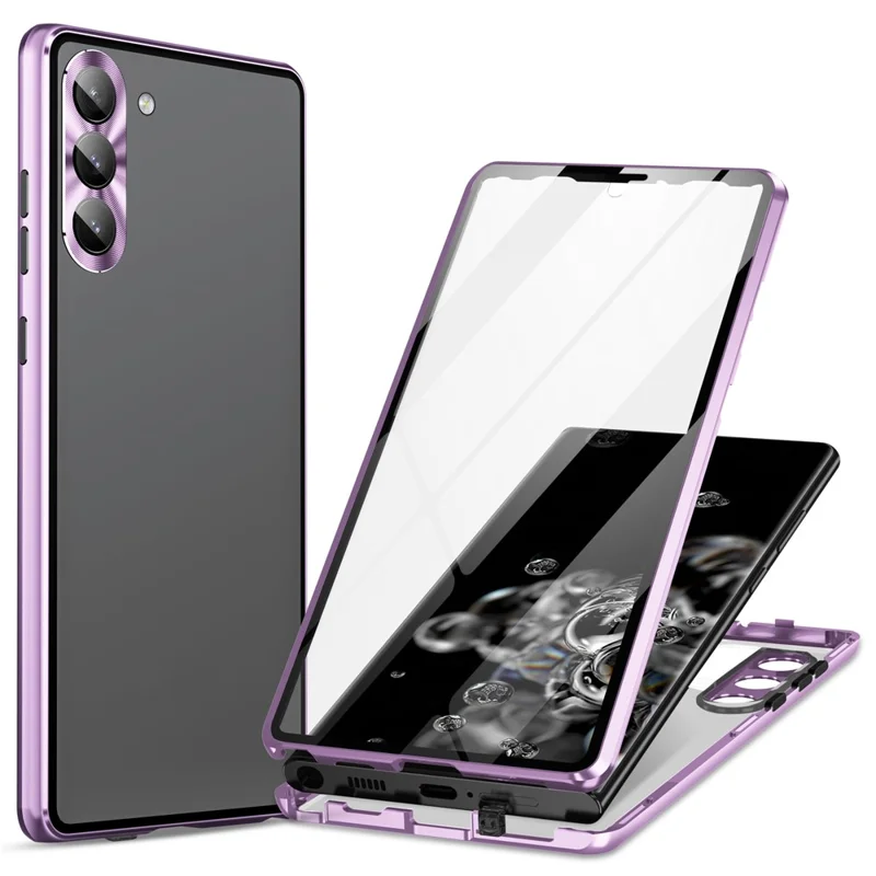 For Samsung Galaxy S24 Case Metal Frame Double Sides Tempered Glass Back Cover - Light Purple