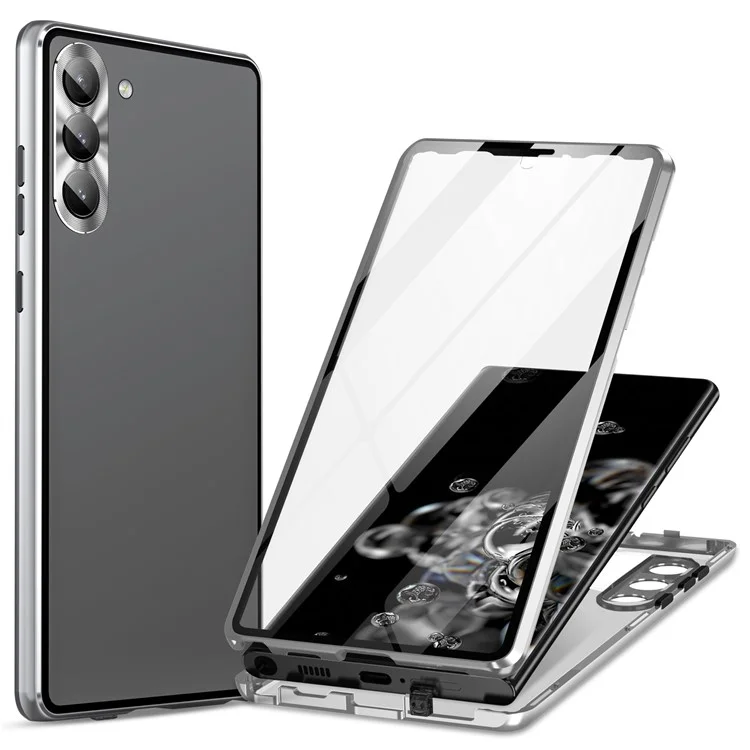 For Samsung Galaxy S24 Case Metal Frame Double Sides Tempered Glass Back Cover - Silver