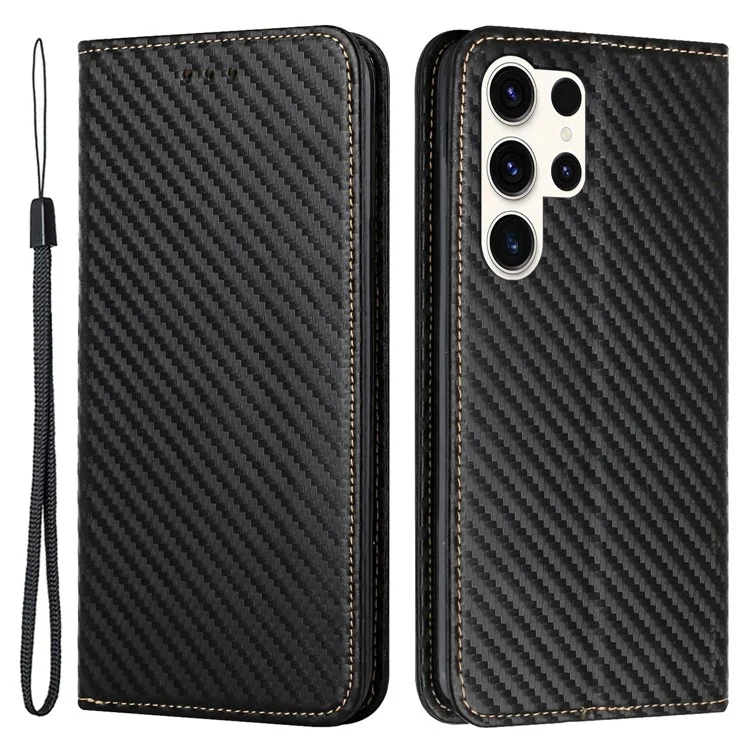 Para Samsung Galaxy S24 Ultra Case Carbon Fiber Texture Wallet Stand Cover - Preto