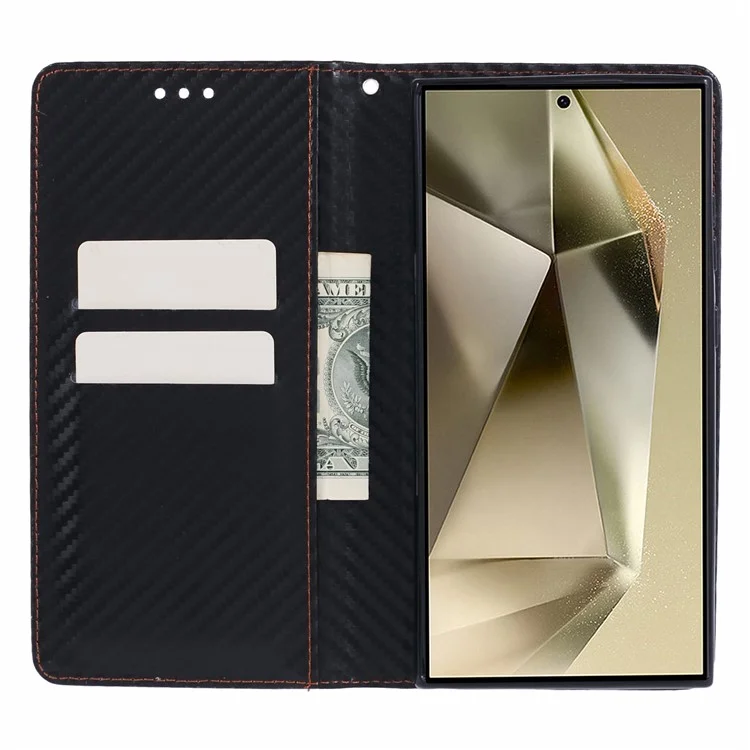 Para Samsung Galaxy S24 Ultra Case Carbon Fiber Texture Wallet Stand Cover - Preto