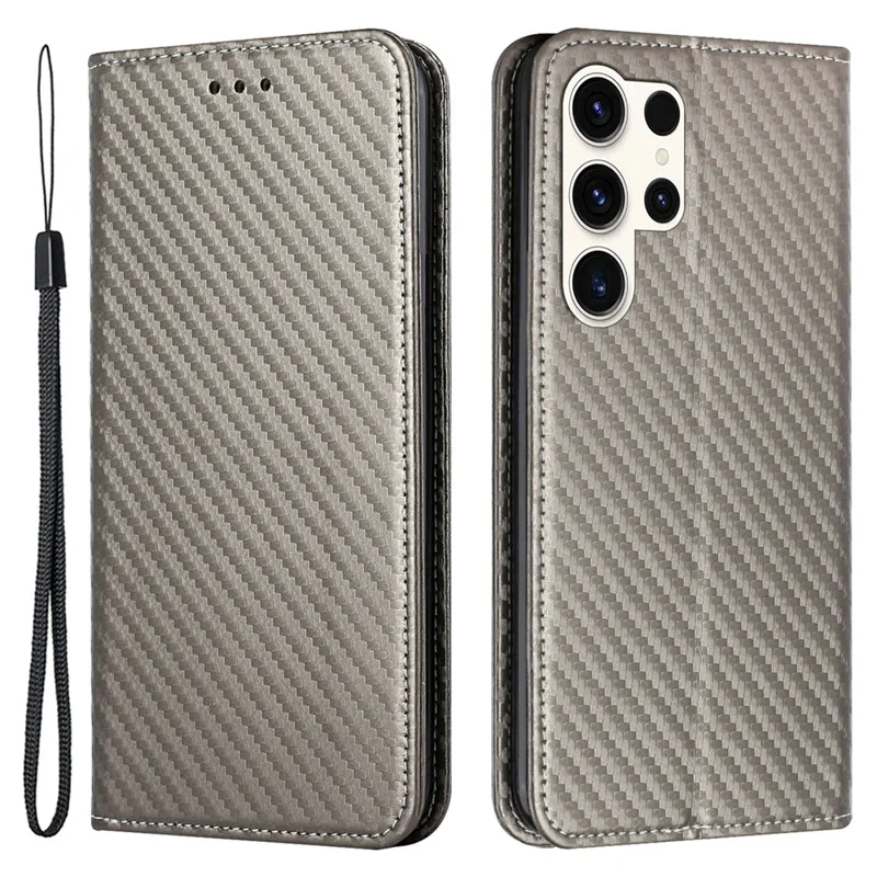 For Samsung Galaxy S24 Ultra Case Carbon Fiber Texture Wallet Stand Cover - Grey