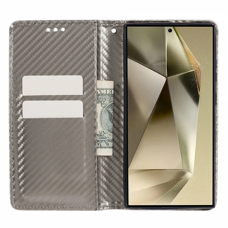 For Samsung Galaxy S24 Ultra Case Carbon Fiber Texture Wallet Stand Cover - Grey