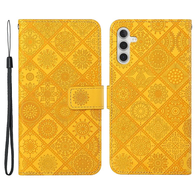 For Samsung Galaxy A15 5G Case Imprinted Flower Stand Wallet Phone Cover - Yellow