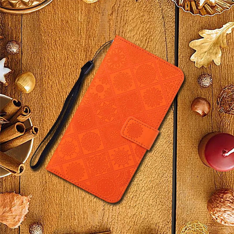 For Samsung Galaxy A15 5G Case Imprinted Flower Stand Wallet Phone Cover - Orange