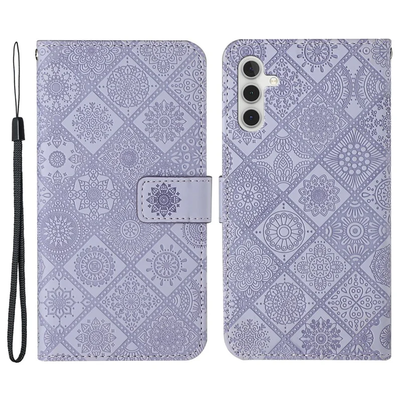 For Samsung Galaxy A15 5G Case Imprinted Flower Stand Wallet Phone Cover - Purple