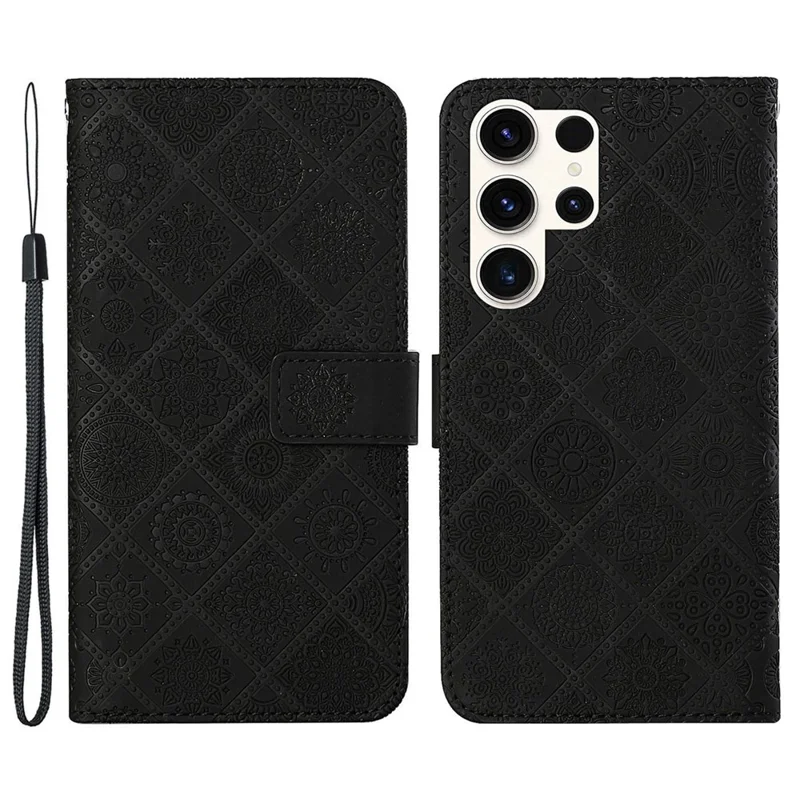 Para Samsung Galaxy S24 Ultra Case Wallet Imprinted Flower Phone Cover - Preto